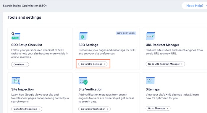 Seleccionar los ajustes de SEO en el panel de control de tu sitio