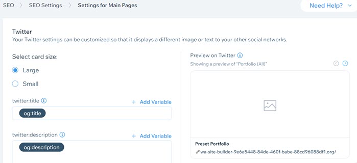 Twitter settings in your SEO Settings