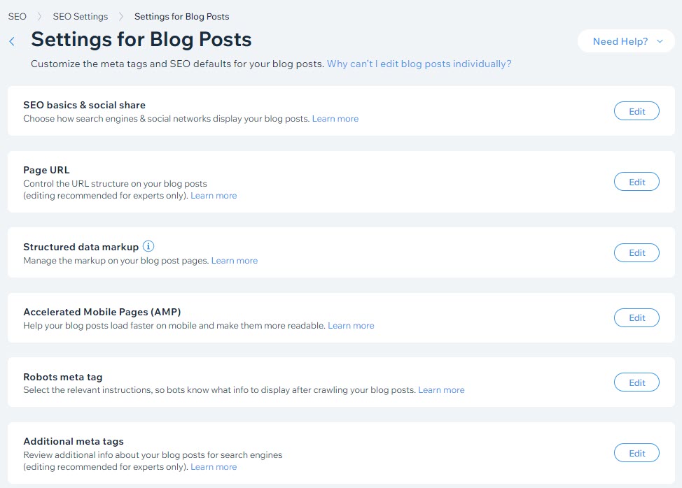 SEO Settings options for Blog Posts