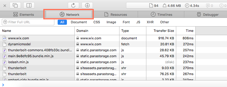 Selecting the Network tab in Safari