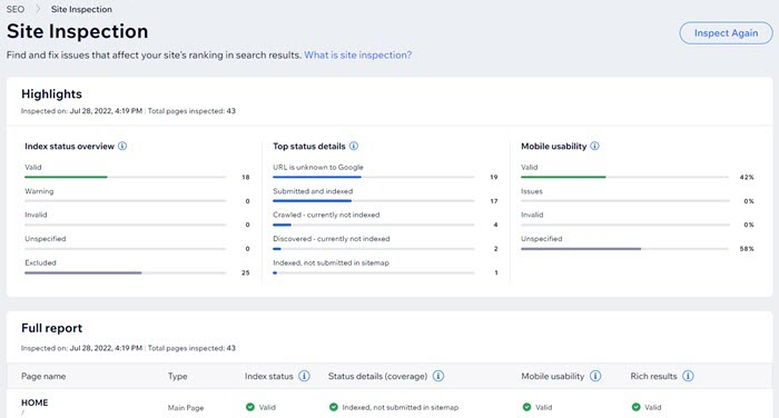 Een screenshot van de Wix Site Inspection-tool in het dashboard.