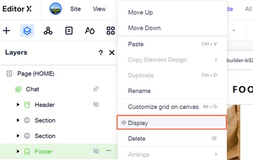 A screenshot of selecting to display the footer in Editor X.