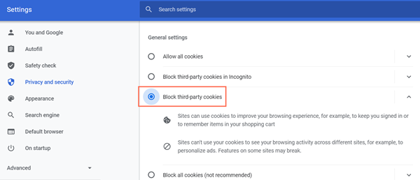 A screenshot of the block third-party cookies setting in Google Chrome