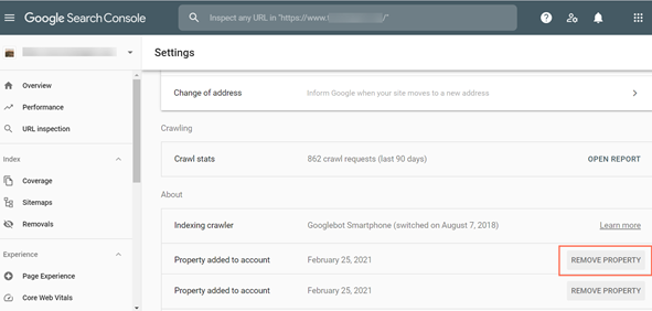 A screenshot of removing a property in Google Search Console