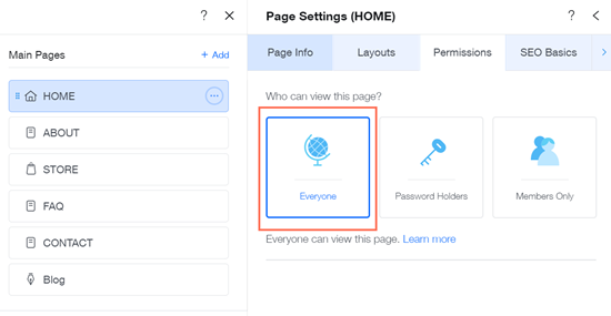 A screenshot of page settings in the Wix Editor