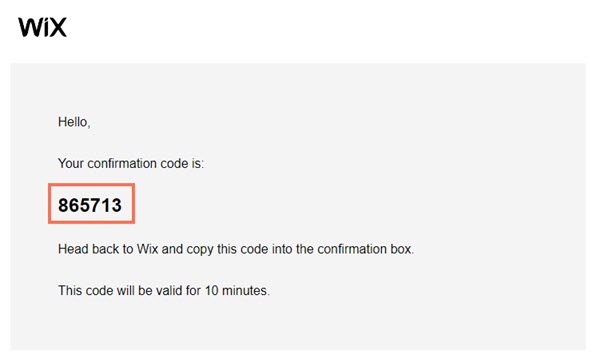 A screenshot of a 6-digit confirmation code from Wix