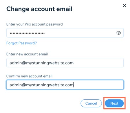 A screenshot of the change email account pop-up