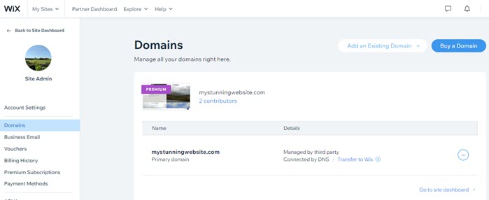 A screenshot of the Domains section of Account Settings