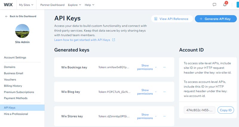 A screenshot of the API keys page in Account Settings