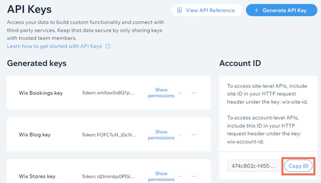 Une capture d'écran de la copie de votre identifiant de compte sur la page des clés API