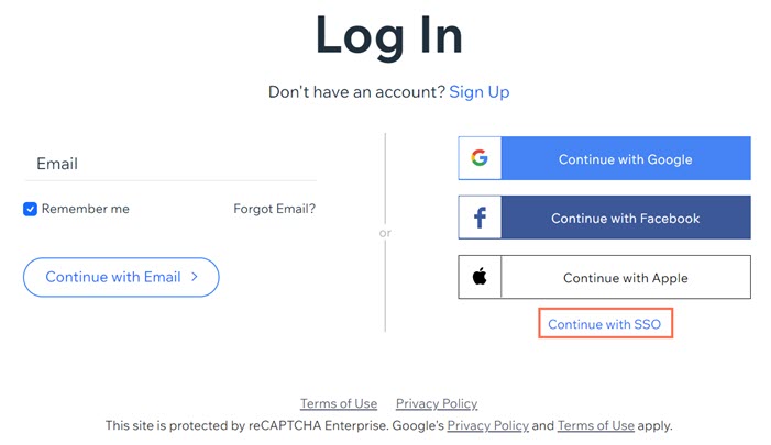 Uma captura de tela da opção de login único do Wix