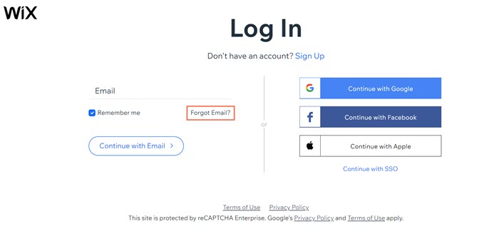 A screenshot of the Forgot Email link on the Log In page