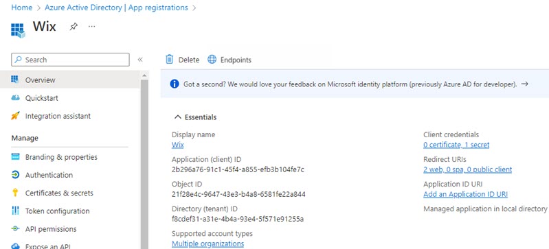 A screenshot of an app registration in Azure Portal