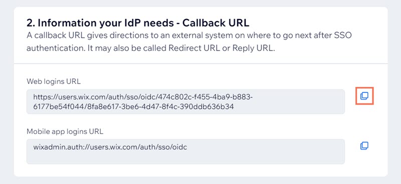 Uma captura de tela de copiar um URL de callback nas configurações de SSO