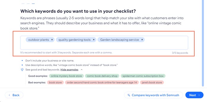 A screenshot of adding keywords in SEO Setup Checklist