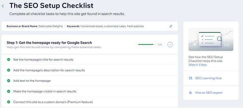 A screenshot of the SEO Setup Checklist