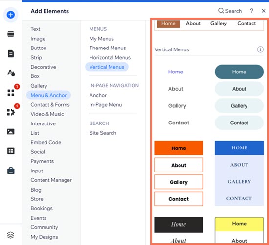 Une capture d'écran des options du menu vertical dans l'Éditeur Wix