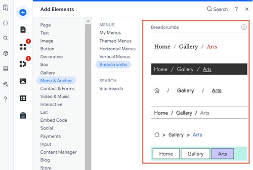 A screenshot of selecting a breadcrumb option in Wix Editor