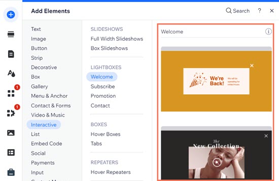 Screenshot, wie du eine Lightbox im Editor von Wix auswählst