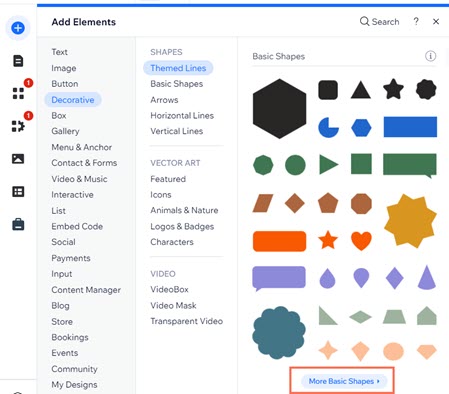 Une capture d'écran de la sélection de formes plus simples dans l'Éditeur Wix