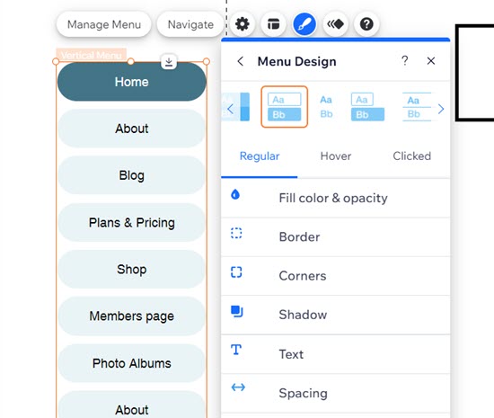 Une capture d'écran des options de design du menu vertical