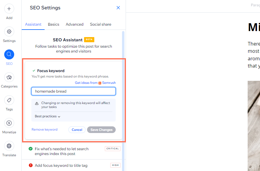 A screenshot of a focus keyword in the SEO Assistant