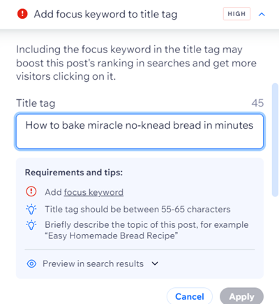 A screenshot of a title tag task in the SEO Assistant