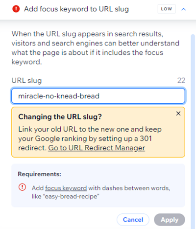 Une capture d'écran d'une tâche de slug d'URL dans l'Assistant SEO