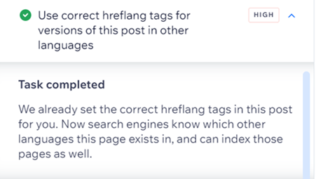 A screenshot of the hreflang tags task in the SEO Assistant.