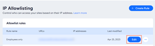 A screenshot of editing an IP Allowlisting rule in Wix Enterprise