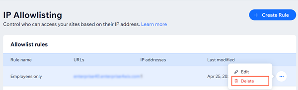 Une capture d'écran de la suppression d'une règle de liste d'autorisation d'adresses IP dans Wix Entreprise