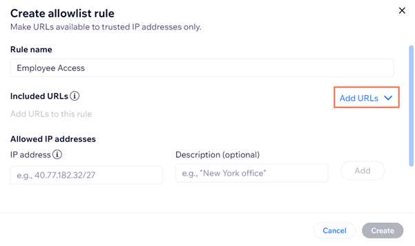 Wix エンタープライズで IP 許可リストのルールを作成しているスクリーンショット