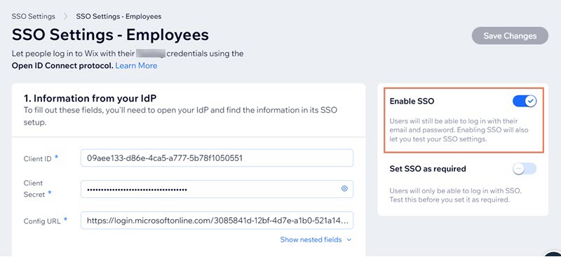 Uma captura de tela da ativação de logins SSO nas Configurações de SSO