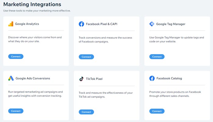 Uma captura de tela da seção Integrações de marketing do seu painel de controle Wix