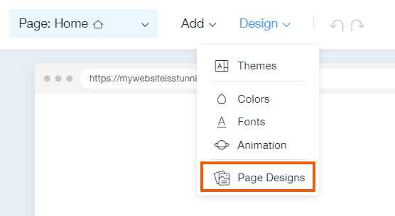 Der Design-Tab in ADI ist geöffnet und die Option „Seitendesign“ ist hervorgehoben