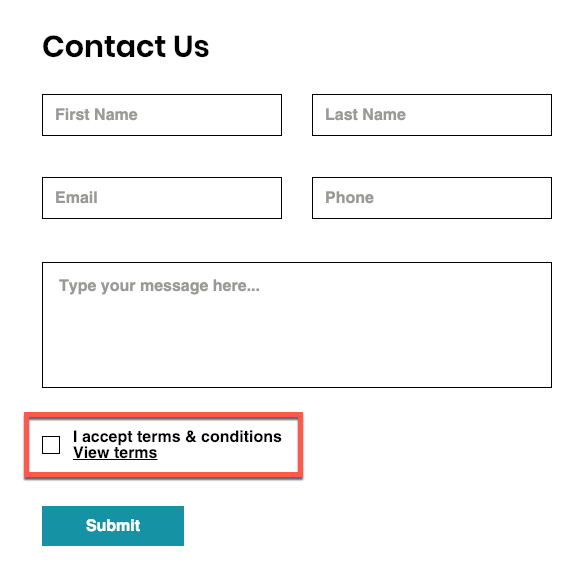 a form with an accept terms and conditions checkbox,