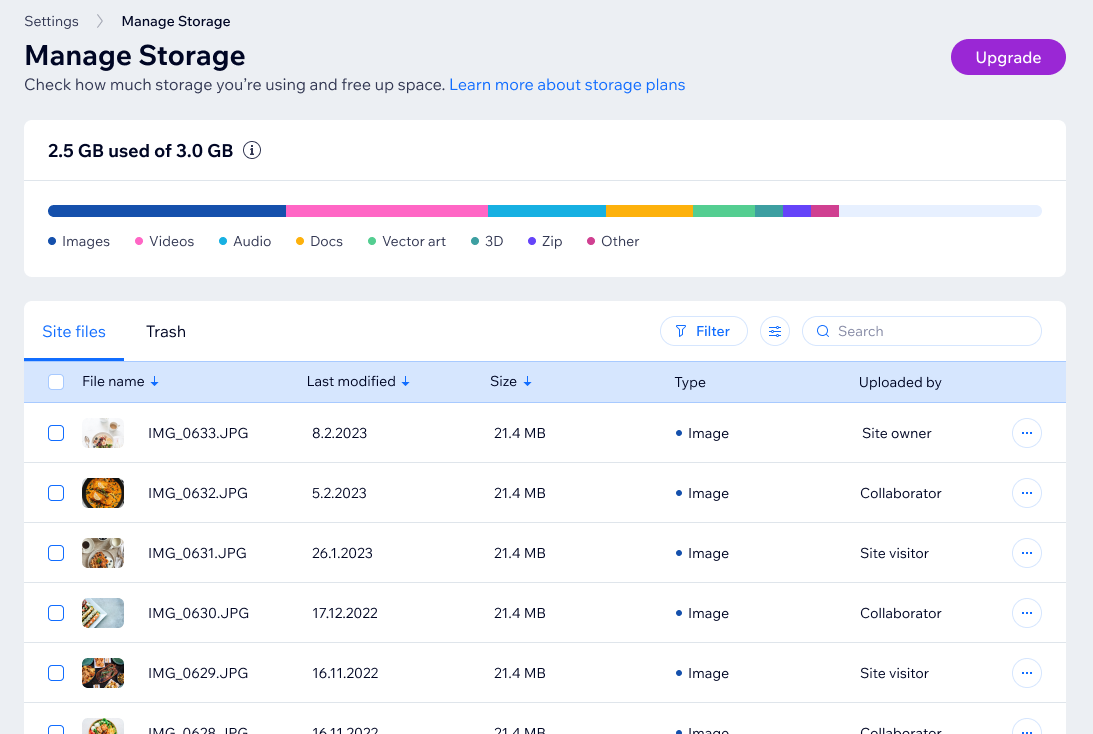 The Manage Storage page showing a list of files stored on a site.