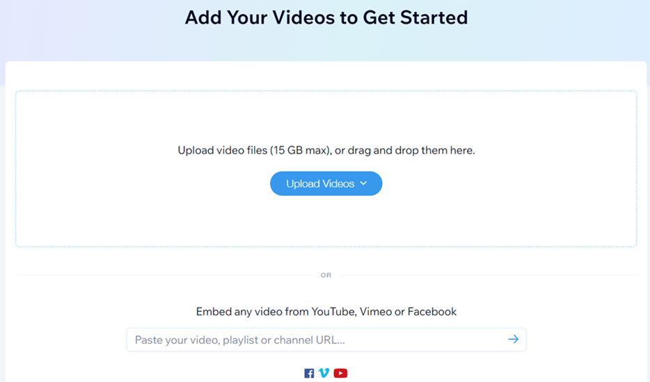 Bilgisayarınızdan veya Facebook, Vimeo veya YouTube'dan video yükleme seçeneklerinin gösterildiği video yükleme penceresi.