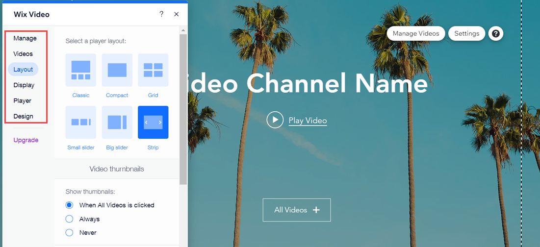 The Wix Video menu open in the site editor, with settings options highlighted.
