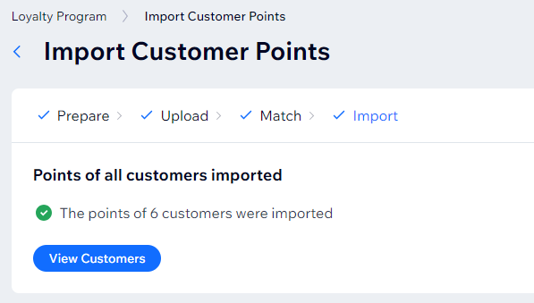 A screenshot showing that the points of all customers were imported successfully.