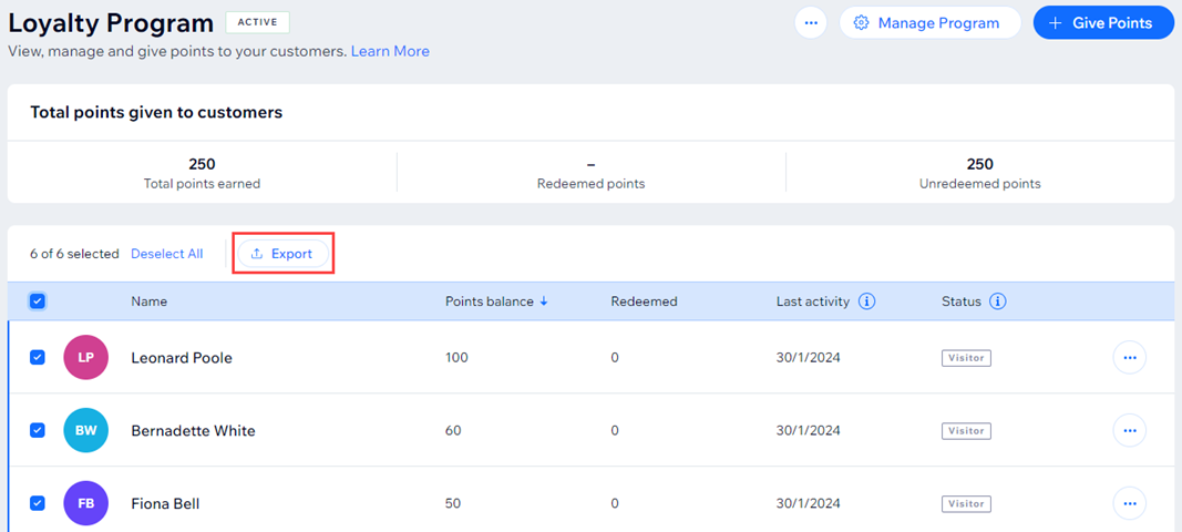 A screenshot of selecting customers and exporting their loyalty point totals.