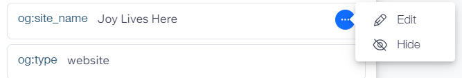 The More Actions menu open next to the og:site_name tag in Advanced SEO Settings, showing the Edit and Hide options.