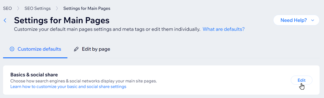 Uma captura de tela das Configurações de SEO no painel de controle do seu site, com o cursor no botão Editar ao lado de Básico e compartilhamento nas redes sociais.