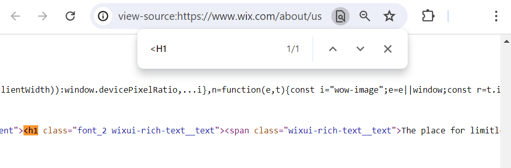 A screenshot of locating the H1 tag in a page's source code.