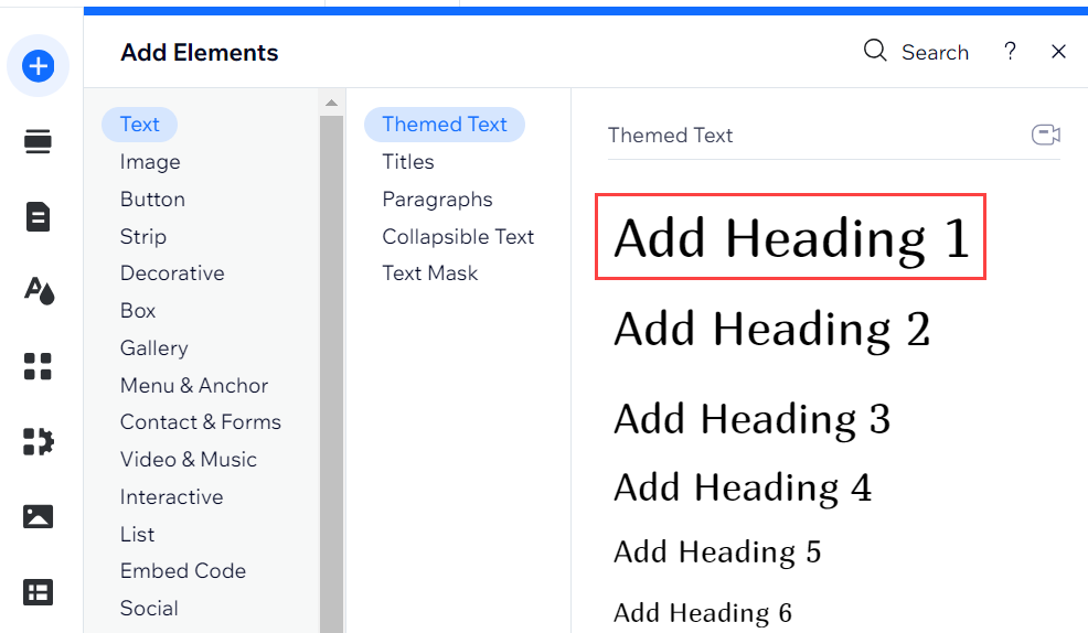 A screenshot of the Add Elements menu with Heading 1 highlighted in the Text options.