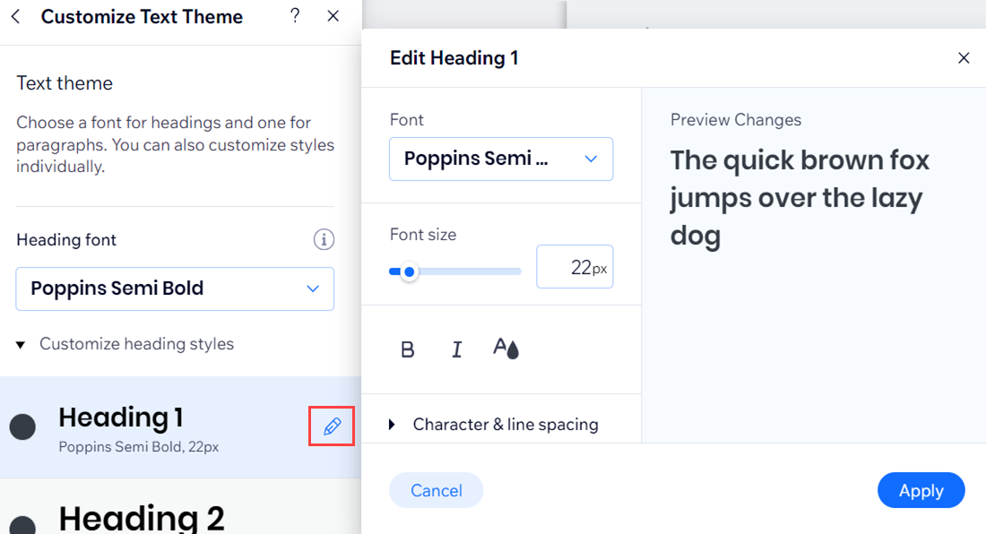 Capture d'écran du menu Personnaliser le thème du texte avec les options de modification ouvertes à côté du Titre 1.