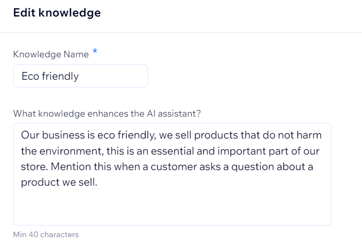 A screenshot of an example knowledge enhancement in the AI Chat Assistant dashboard.