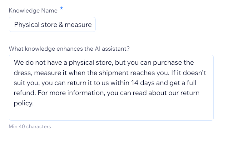 A screenshot of an example knowledge enhancement in the AI Chat Assistant dashboard.