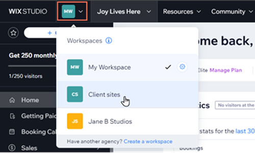 A screenshot of the studio workspace dropdown at the top of the dashboard.