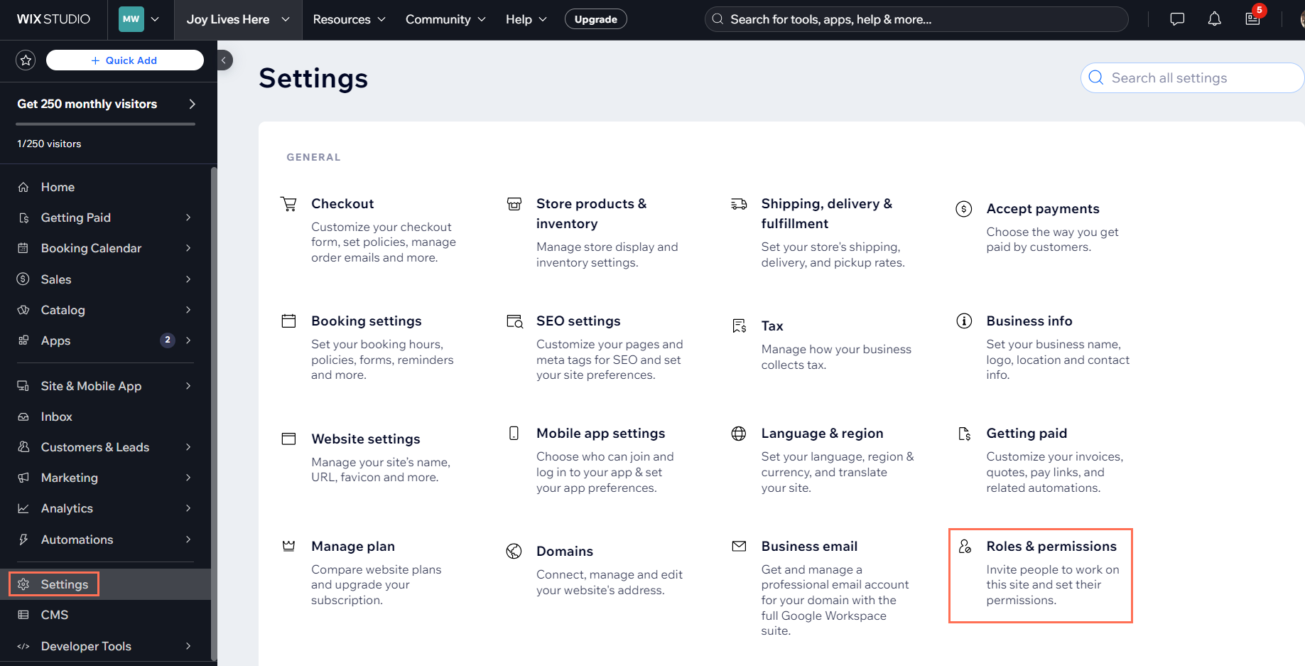 A screenshot showing Roles & Permissions in a site dashboard's settings.